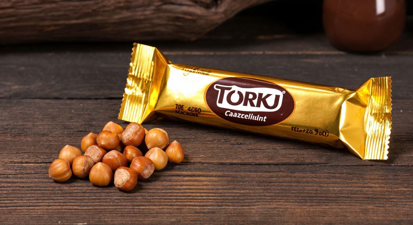 A single golden-wrapped Torku hazelnut caramel wafer rests on a rustic wooden table in a Turkish café, with a small pile of hazelnuts beside it.