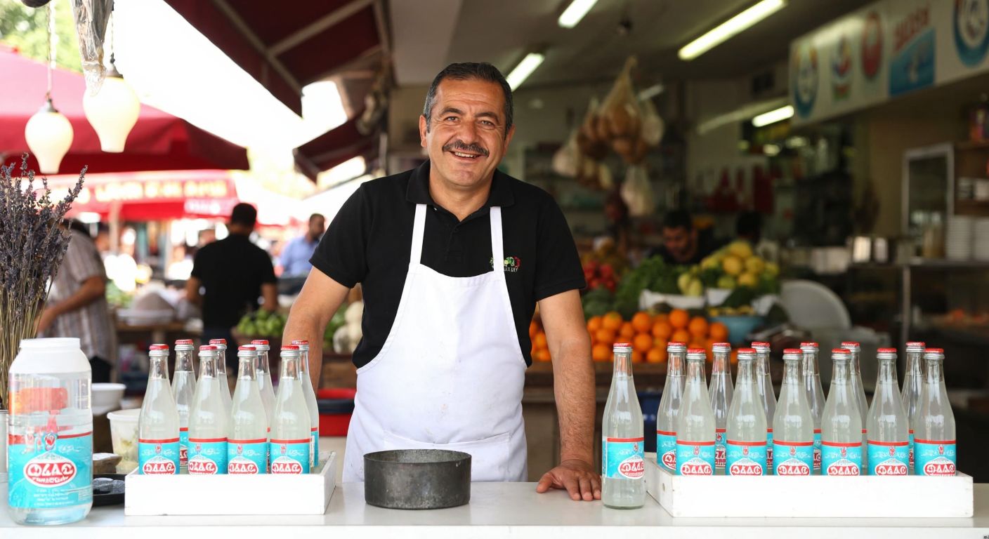 A smiling middle-aged Turkish man in a white apron stands proudly behind a counter lined with glass bottles of Özbağ gazoz, with a bustling local market in the background.