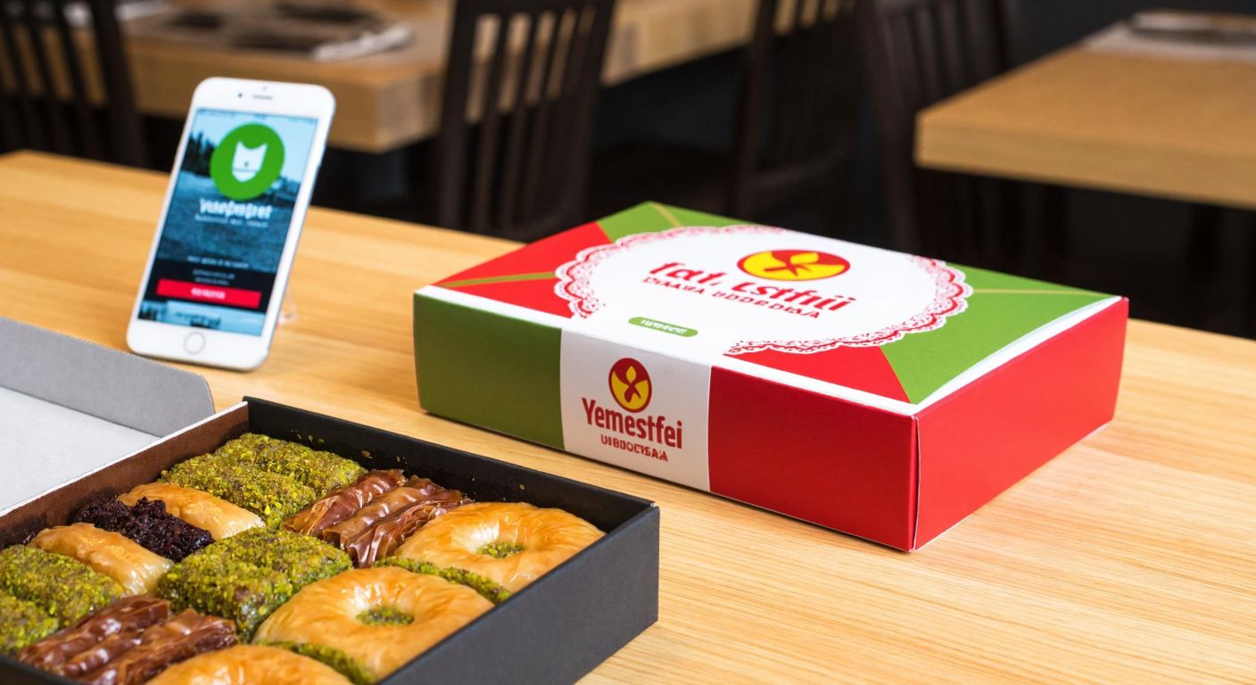 A colorful dessert box from Tatlı Dünyası sits on a wooden table with a smartphone displaying the Yemeksepeti app in the background, surrounded by Turkish sweets like baklava and künefe.
