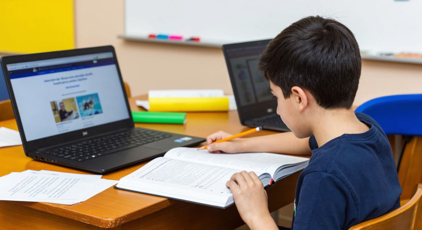 A focused middle-school student in a Turkish classroom, sitting at a wooden desk with an open English textbook and a pencil, surrounded by scattered test papers and a laptop displaying an educational website.