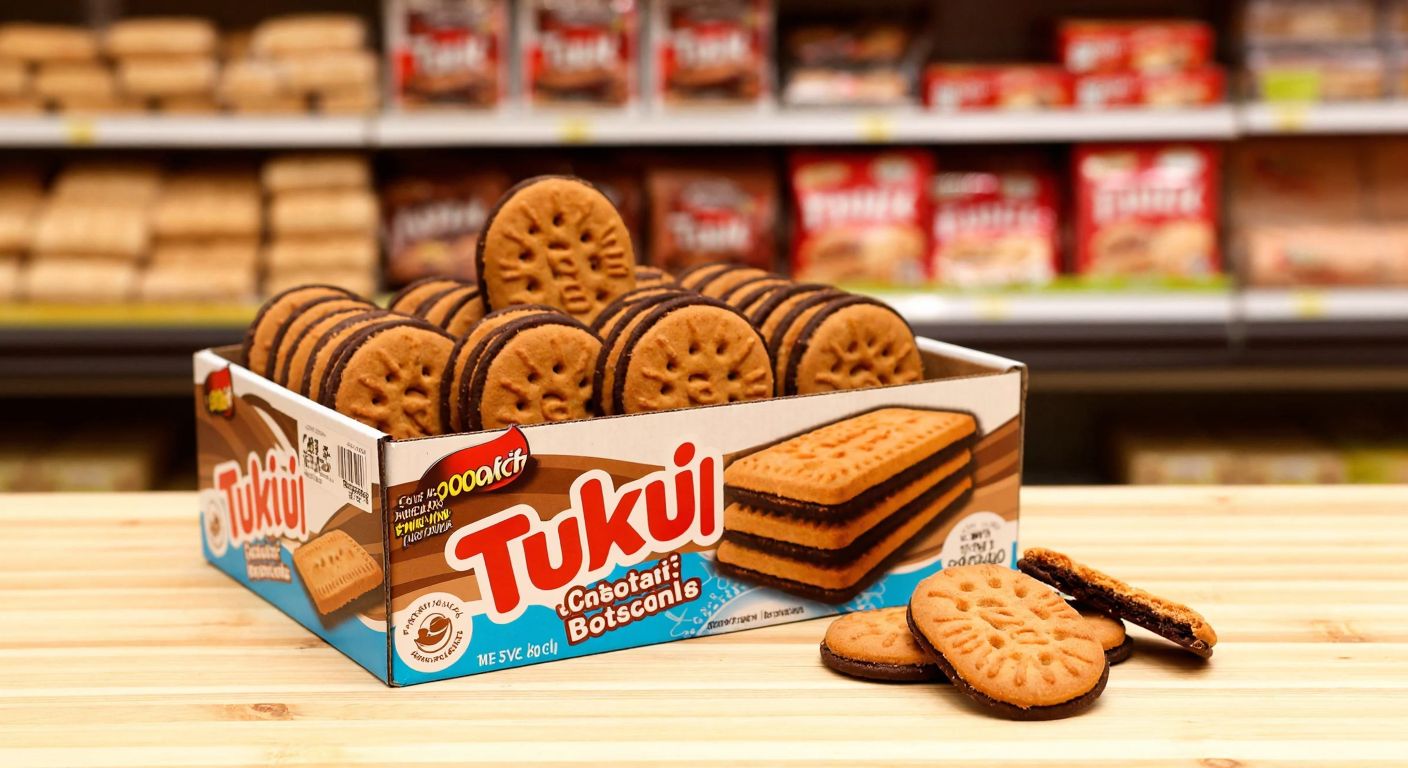 A colorful cardboard box filled with neatly stacked Eti Tutku biscuit packages, surrounded by a few loose biscuits on a wooden table in a Turkish grocery store.