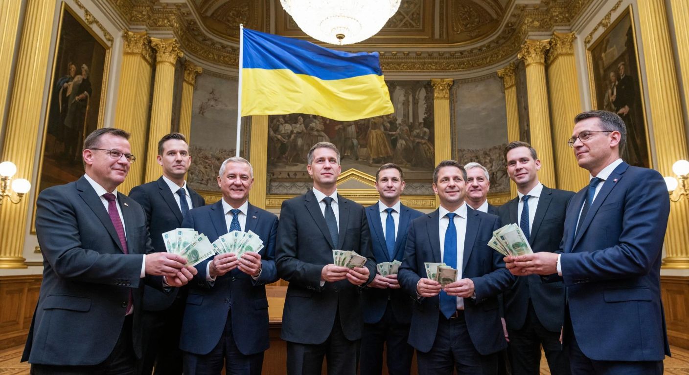 A group of European leaders in formal attire stand together in a grand meeting hall, holding stacks of euro banknotes, while a Ukrainian flag waves prominently in the background, symbolizing solidarity and financial aid.