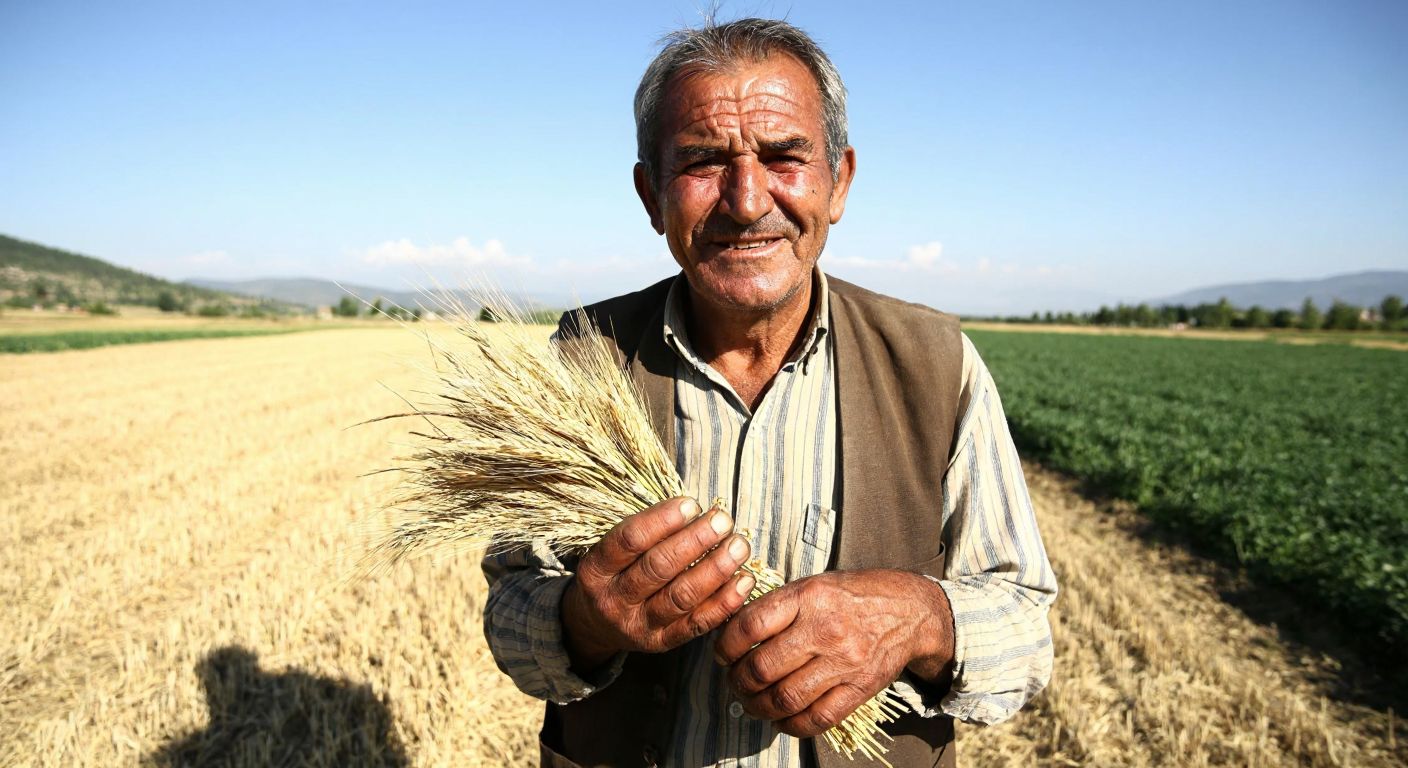 A weathered Turkish farmer proudly holding freshly harvested wheat in a sunlit field, his calloused hands and warm smile embodying dignity and the value of labor.