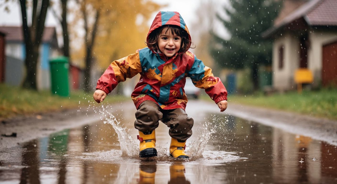 A cheerful Turkish child in a colorful raincoat splashes in puddles while wearing sturdy Gore-Tex boots, with raindrops glistening on their waterproof surface.