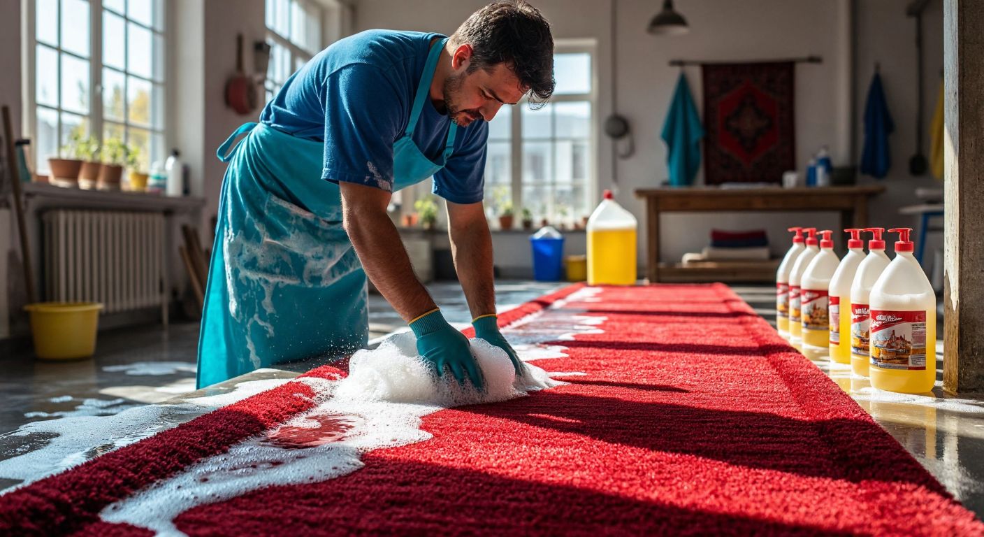 A worker in a bright blue apron scrubs a vibrant red Turkish carpet with foamy shampoo, surrounded by bottles of cleaning products in a sunlit workshop.