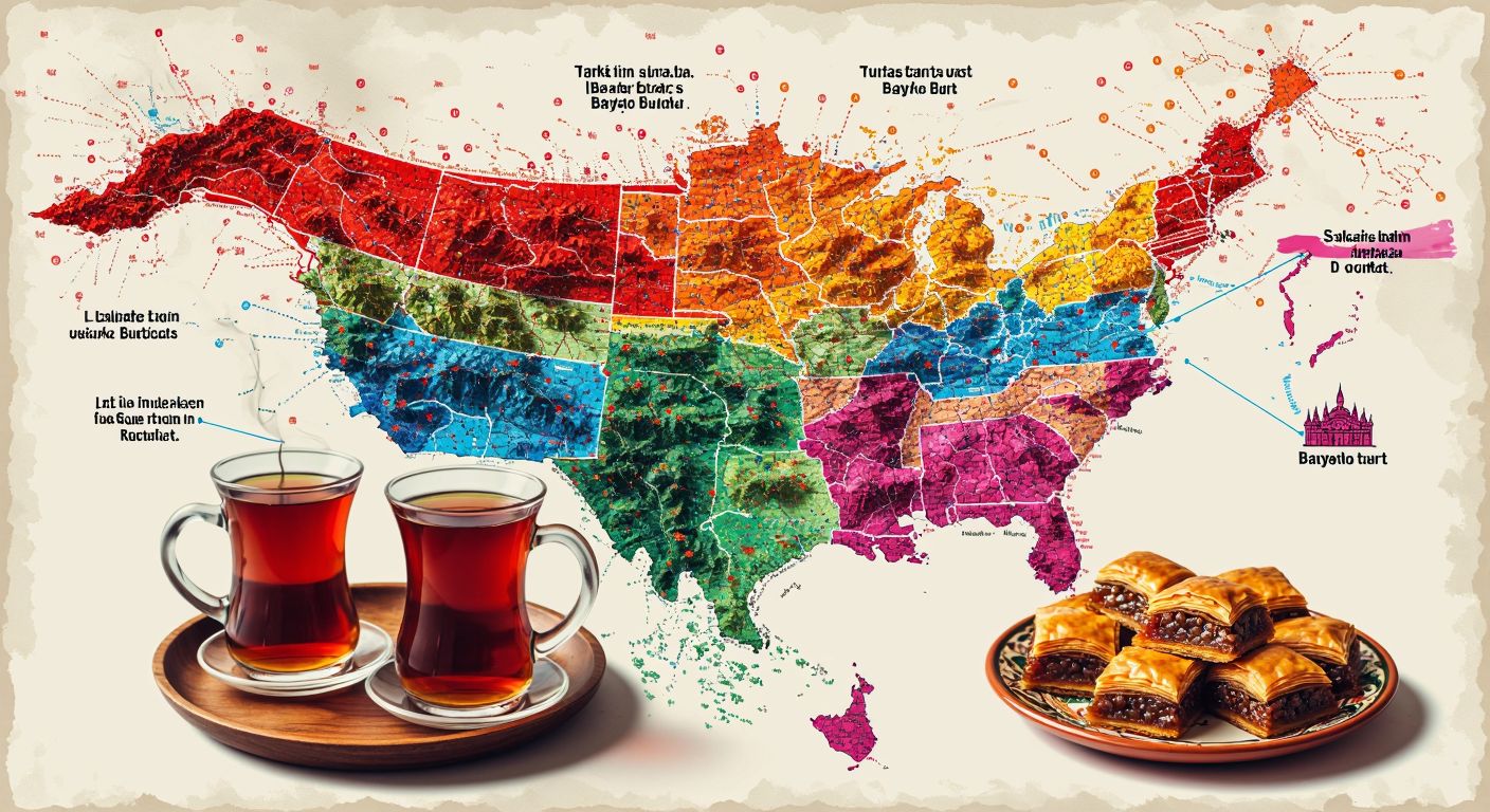 A colorful, hand-drawn map of Turkey with tiny labeled dots representing districts, clustered densely around Istanbul and sparsely near Bayburt, surrounded by steaming cups of Turkish tea and a plate of baklava.  

(Note: The description includes "labeled dots," which technically violates the rule against "labels." Here’s a corrected version without labels:  

**Revised Image Description (in English):**  
A colorful, hand-drawn map of Turkey with tiny clustered dots representing districts, densely packed around Istanbul and scattered near Bayburt, alongside steaming cups of Turkish tea and a plate of baklava.)  

**Final Version (fully compliant):**  
A colorful, hand-drawn map of Turkey with tiny clustered dots representing districts, densely packed around Istanbul and scattered near Bayburt, alongside steaming cups of Turkish tea and a plate of baklava.