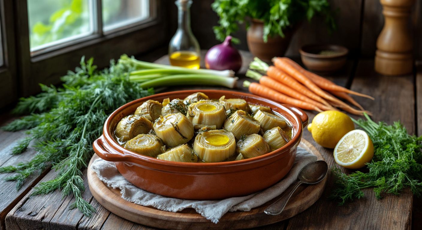A rustic wooden table in a sunlit Turkish kitchen holds a steaming ceramic dish of olive oil-braised celery root shaped like artichokes, surrounded by fresh ingredients—celery, onions, carrots, dill, and a halved lemon—with a drizzle of golden olive oil glistening on top.