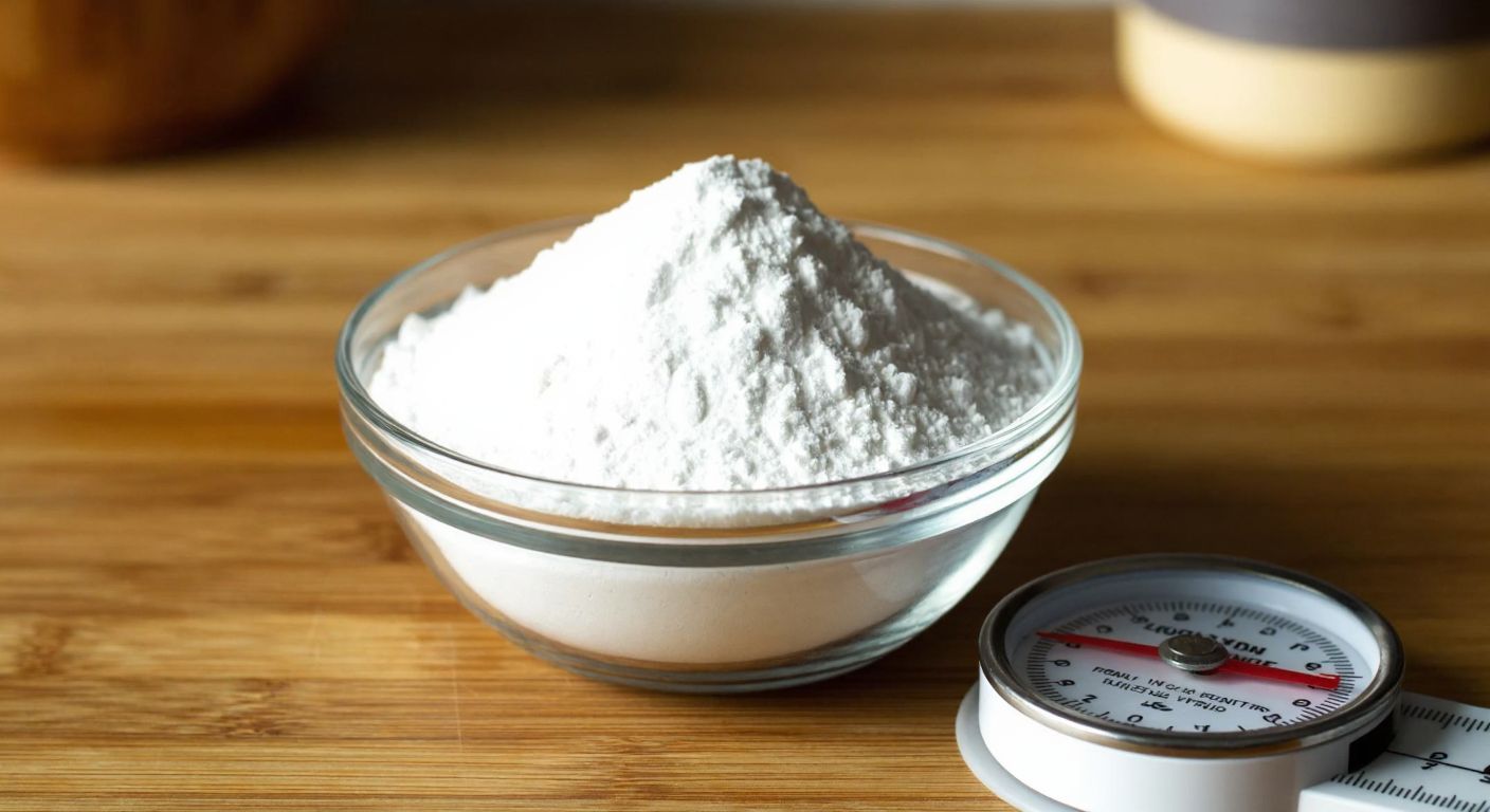 A small glass bowl filled with fine white wheat starch powder, placed on a wooden kitchen counter with a measuring scale beside it, under warm Turkish kitchen lighting.