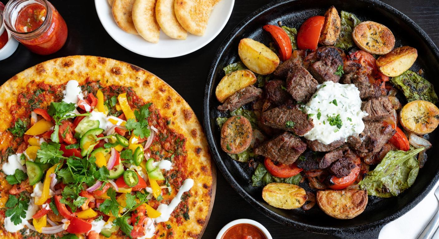 A vibrant Turkish table setting with a thin, crispy **sebzeli lahmacun** topped with colorful vegetables next to a sizzling plate of **Bodrum kebabı** featuring tender meat, roasted potatoes, and a drizzle of yogurt, evoking the rich flavors of regional Turkish cuisine.
