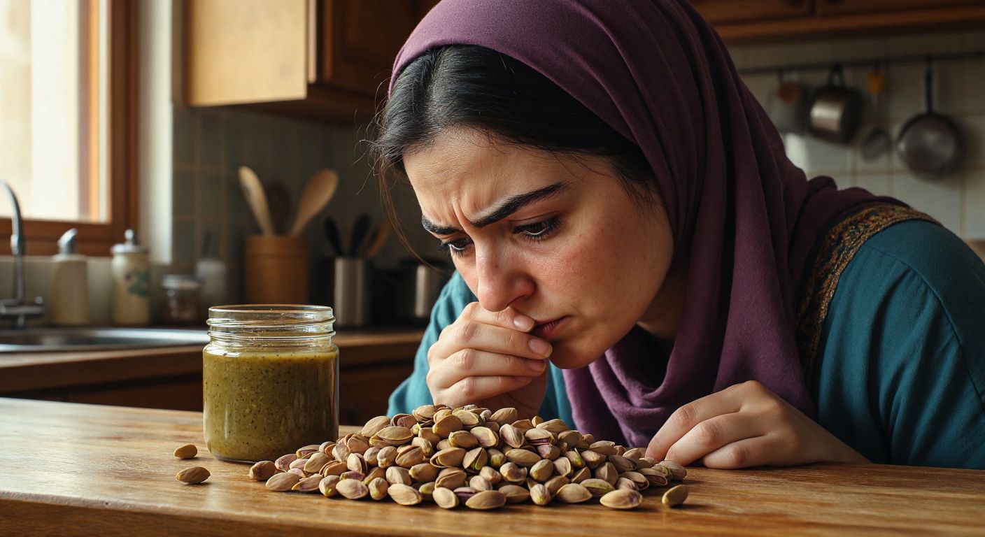 A close-up of a Turkish woman in a kitchen, frowning as she sniffs a handful of discolored pistachios with faint blue-green spots, while a jar of separated, oily pistachio paste sits beside her on a wooden counter.