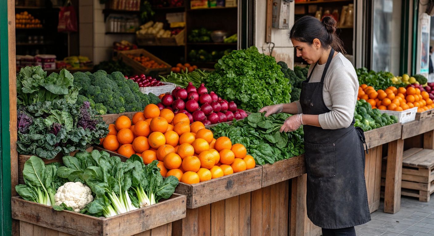A vibrant wooden market stall in Turkey overflows with February's seasonal produce: bright mandarins, oranges, and pomegranates nestled beside leafy greens like chard, spinach, and Brussels sprouts, with a vendor in an apron arranging fresh celery and cauliflower.