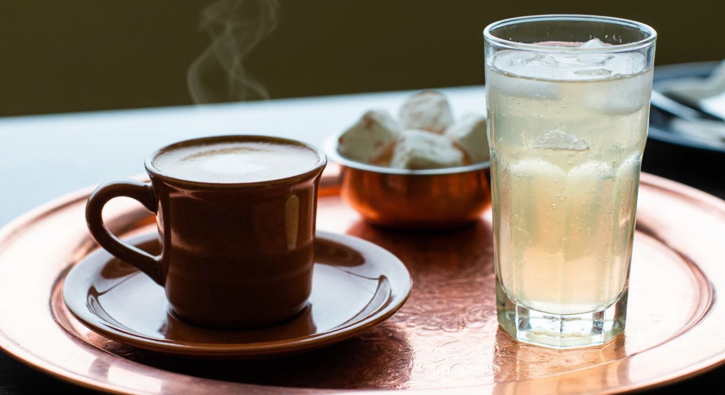 A steaming cup of Turkish coffee placed next to a chilled glass of sparkling soda on a copper tray, with a small bowl of Turkish delight in the background, evoking a sense of balance and refreshment.