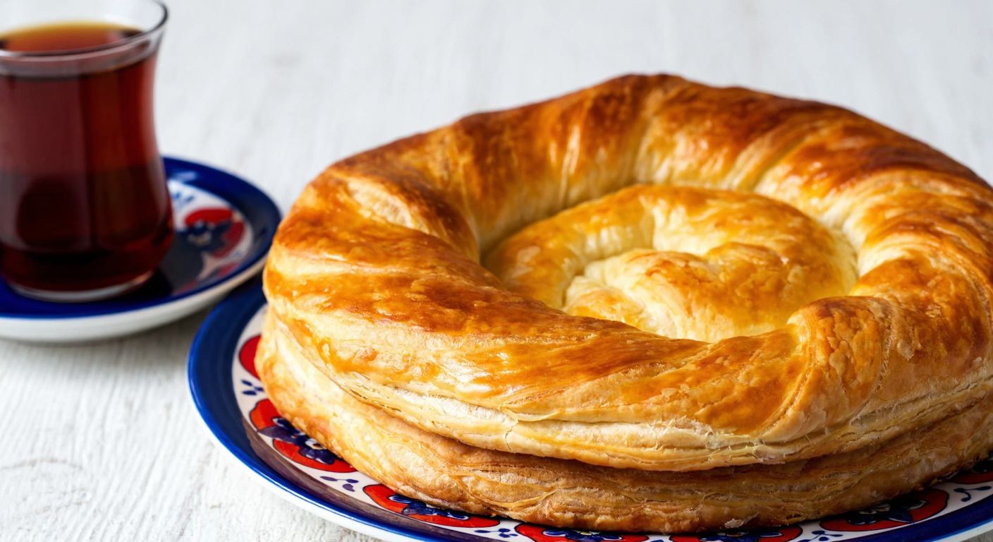 A golden-brown, flaky açma kete pastry with three distinct layers, resting on a traditional Turkish ceramic plate beside a cup of steaming çay.