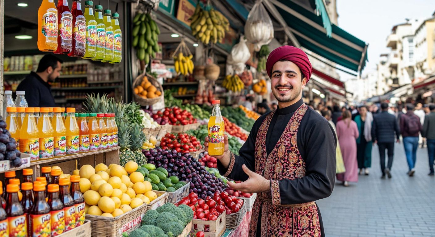 A vibrant Turkish marketplace stall displaying colorful bottles of Pin beverages, with a smiling vendor in traditional attire holding one up against a backdrop of bustling shoppers and fresh local produce.