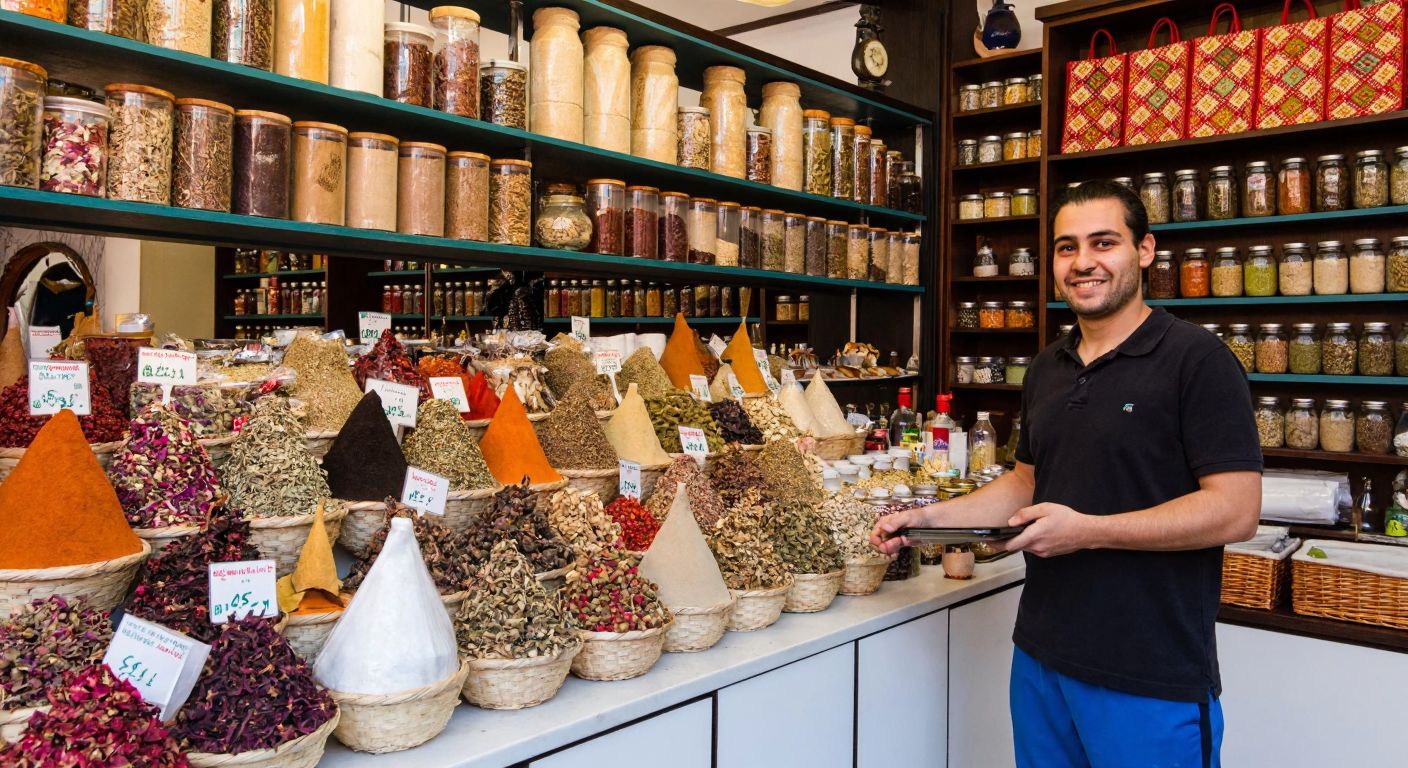 A vibrant Turkish spice shop with shelves overflowing with colorful herbs, teas, and spices, while a smiling shopkeeper packs an online order with traditional woven bags in the background.