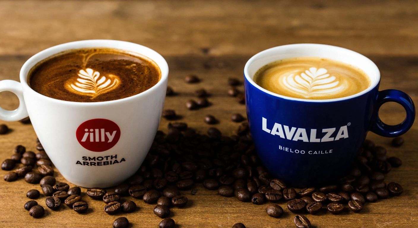 Two elegant Italian coffee cups, one filled with Illy's smooth Arabica brew and the other with Lavazza's bold blend, placed side by side on a rustic wooden table with coffee beans scattered around them.