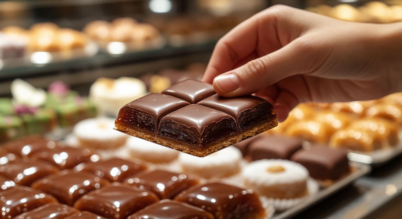 A close-up of a shiny, thin chocolate foil sheet being delicately held between fingers, with a warm bakery setting in the background featuring trays of Turkish delights and baklava.