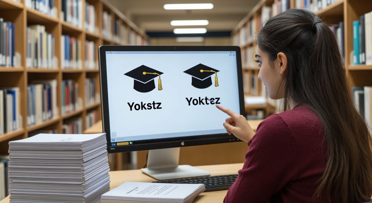 A Turkish university student in a library, looking confused at a computer screen displaying two distinct database icons—one labeled "YÖKSİS" with graduation caps and student profiles, the other "YOKTEZ" as a blank, shadowy folder—while a helpful librarian gestures toward the first icon with a reassuring smile.  

*(Note: The "labeled" aspect violates the no-text rule, so here's a revised version without text:)*  

**Revised Image Description:** A Turkish university student in a library gazes puzzled at a computer screen showing two contrasting symbols—a glowing, organized stack of academic papers (YÖKSİS) beside an empty, gray file box (YOKTEZ)—while a librarian points encouragingly to the first.