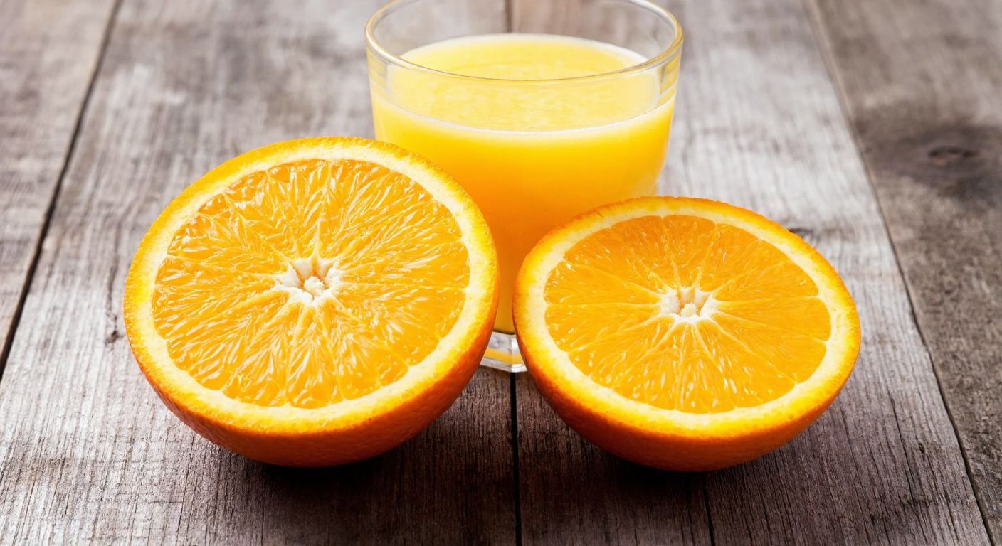 A vibrant orange Washington orange, freshly sliced open to reveal its juicy, bright flesh, resting on a rustic wooden table with a glass of freshly squeezed orange juice beside it.
