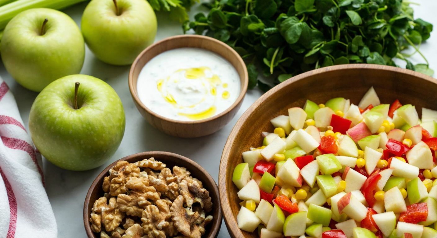 A vibrant Turkish kitchen counter displays fresh green apples, crisp celery, bright purslane, walnuts, and yogurt, with a wooden bowl filled with a colorful salad of diced apples, red peppers, and corn, drizzled with olive oil and lemon.