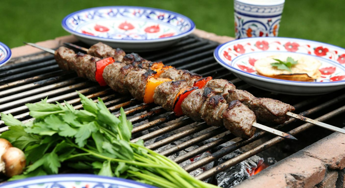 A sizzling skewer of **sıralı kebap** grilling over glowing embers, surrounded by fresh herbs and traditional Turkish ceramic plates in a rustic outdoor setting.