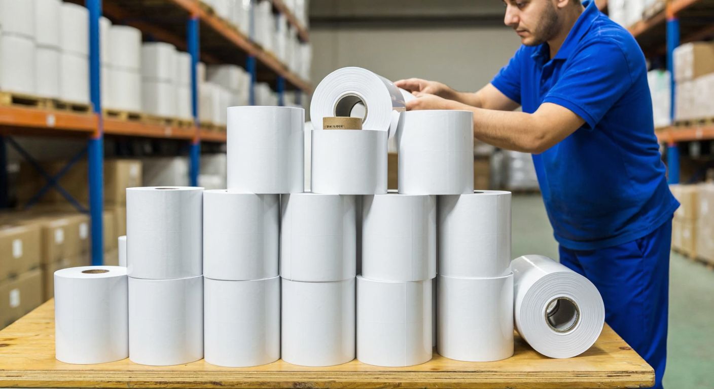 A neatly stacked pile of thermal barcode label rolls in varying sizes on a wooden table in a Turkish warehouse, with a worker in a blue uniform carefully inspecting one roll.