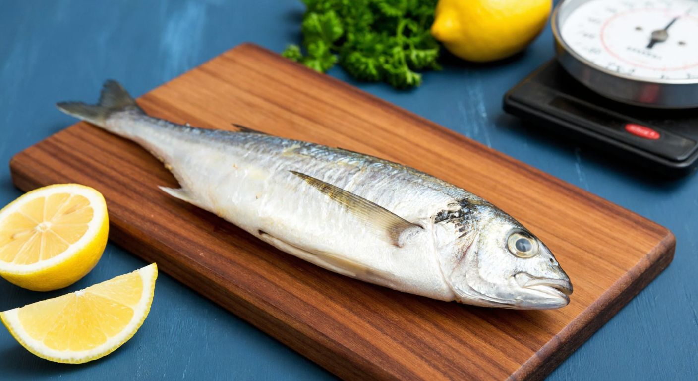 A fresh, glistening istavrit fish resting on a wooden cutting board beside a small kitchen scale, with a bowl of lemon wedges and a sprig of parsley nearby, evoking a healthy Turkish meal preparation.