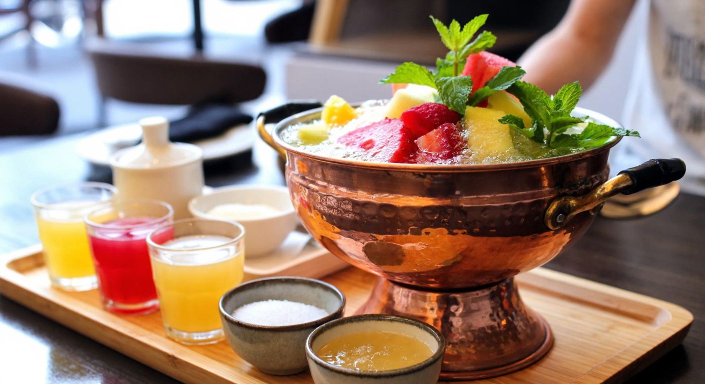 A traditional Turkish copper şerbetlik filled with colorful fruit slices, mint leaves, and bubbling liquid, surrounded by small bowls of honey, sugar, and fresh juices on a wooden tray in a cozy café.