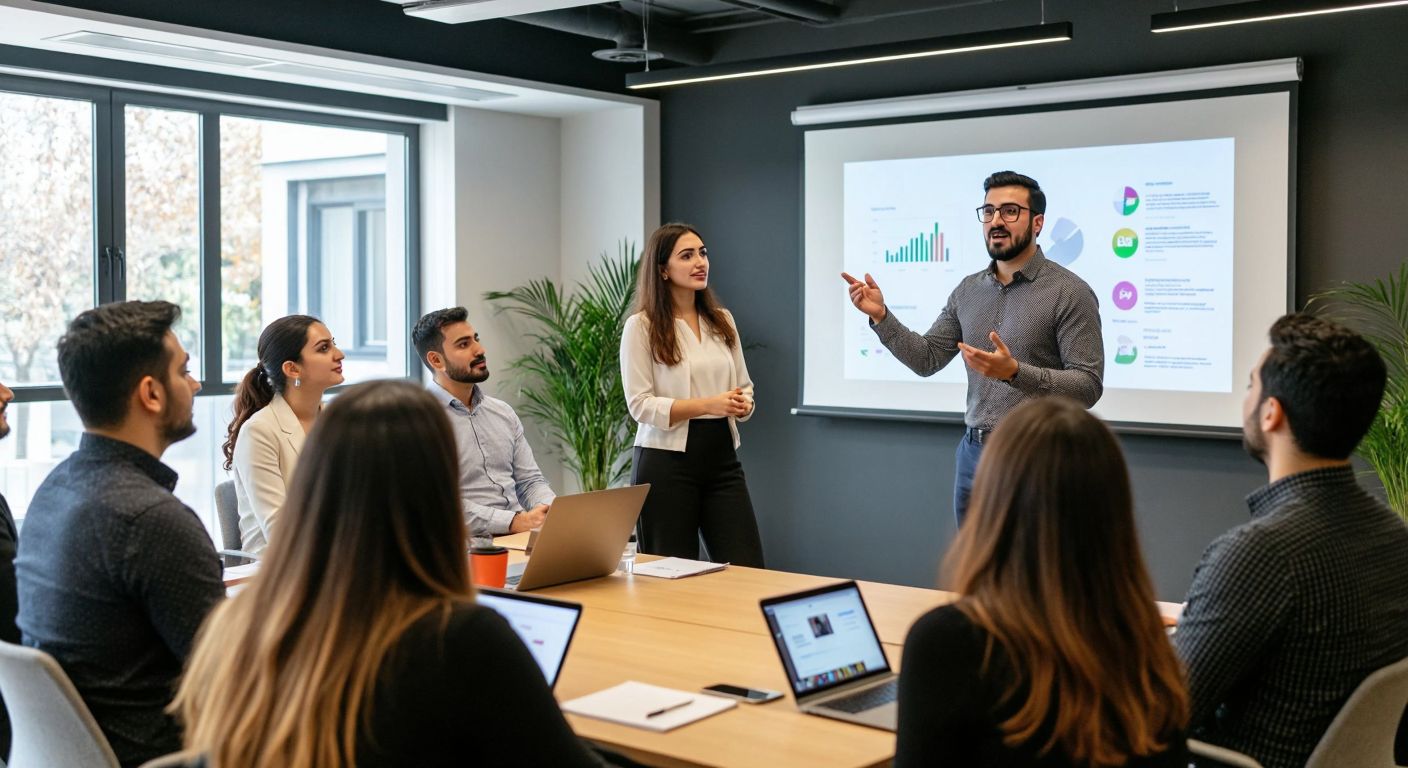 A diverse group of Turkish professionals attentively participating in an interactive online training session, with a presenter gesturing enthusiastically on a projected screen in a modern office setting.