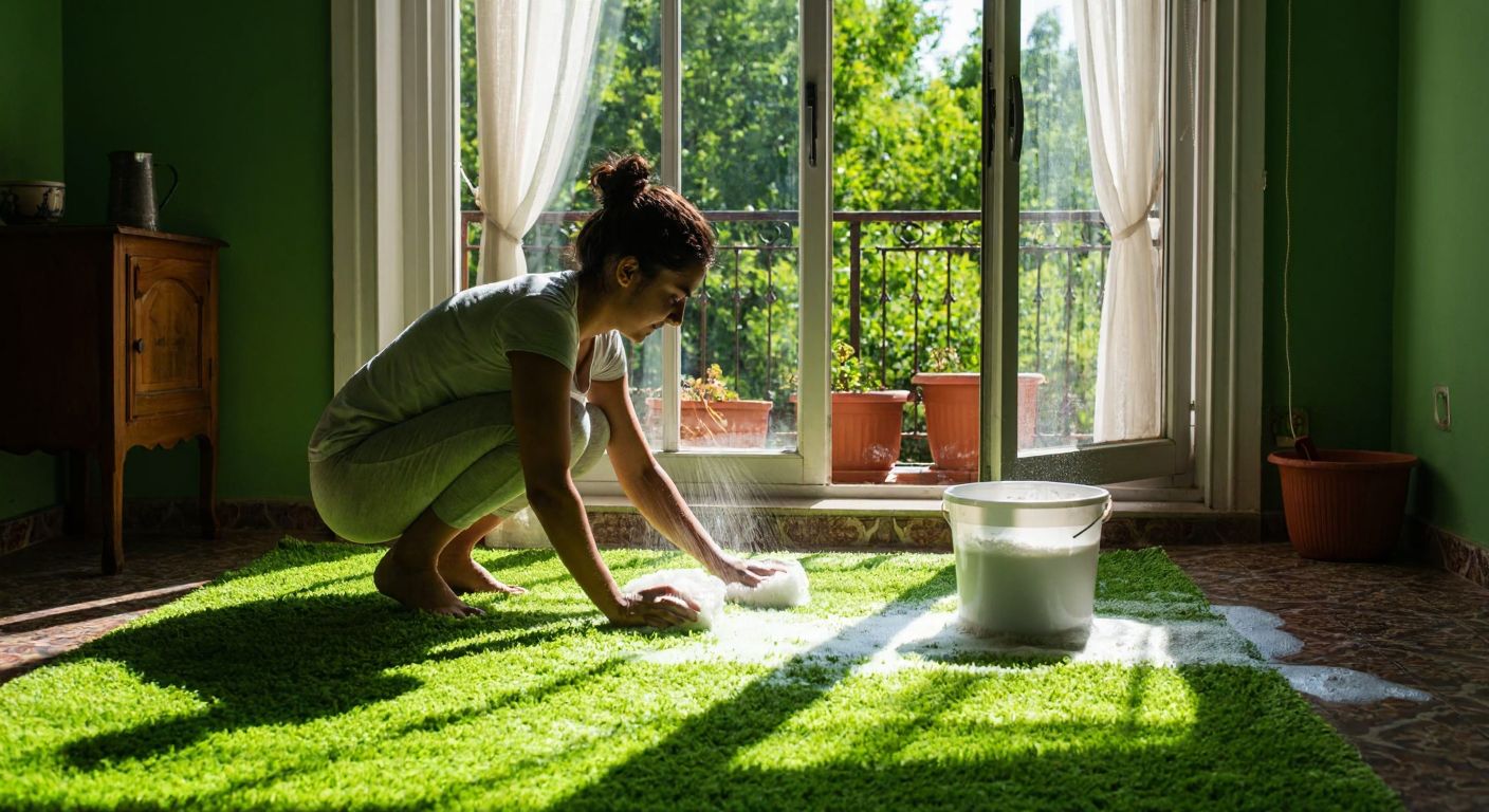 A person in a Turkish home kneels on a vibrant green carpet, scrubbing it with a sponge and a bucket of soapy water while sunlight streams through an open window.