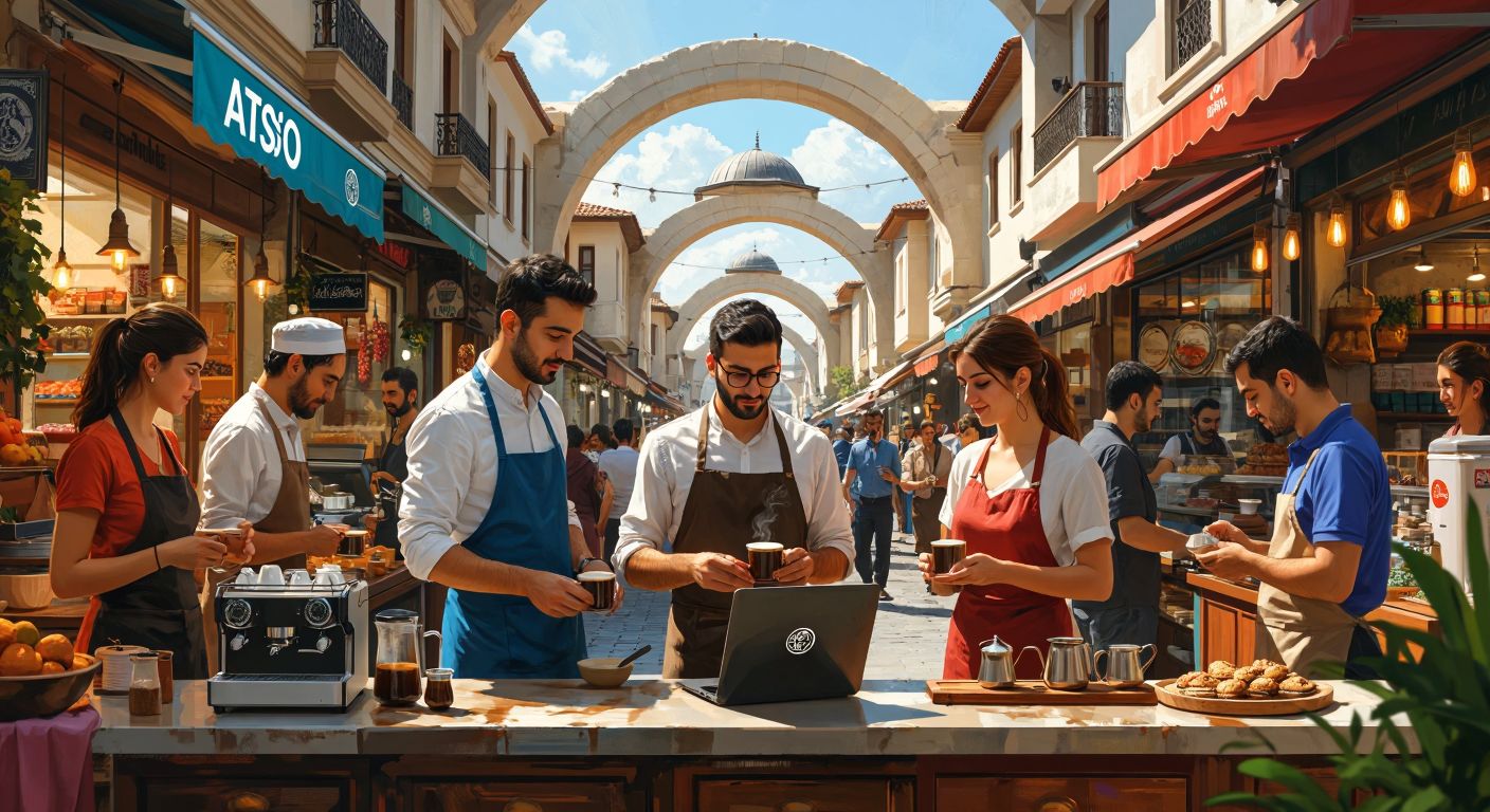 A bustling Turkish marketplace in Antalya with diverse professionals—a barista serving Turkish coffee, an epidemiologist examining samples, a car rental consultant with keys, and an AI expert working on a laptop—all under the ATSO logo's symbolic arches.  

(Note: The ATSO logo is described as "symbolic arches" to avoid representing actual text/symbols, focusing instead on its architectural suggestion.)