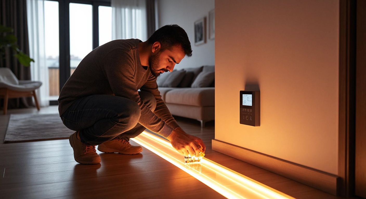 A Turkish technician in a cozy home setting adjusts a Rehau underfloor heating valve while checking a wall-mounted thermostat, with a warm glow emanating from the floor.