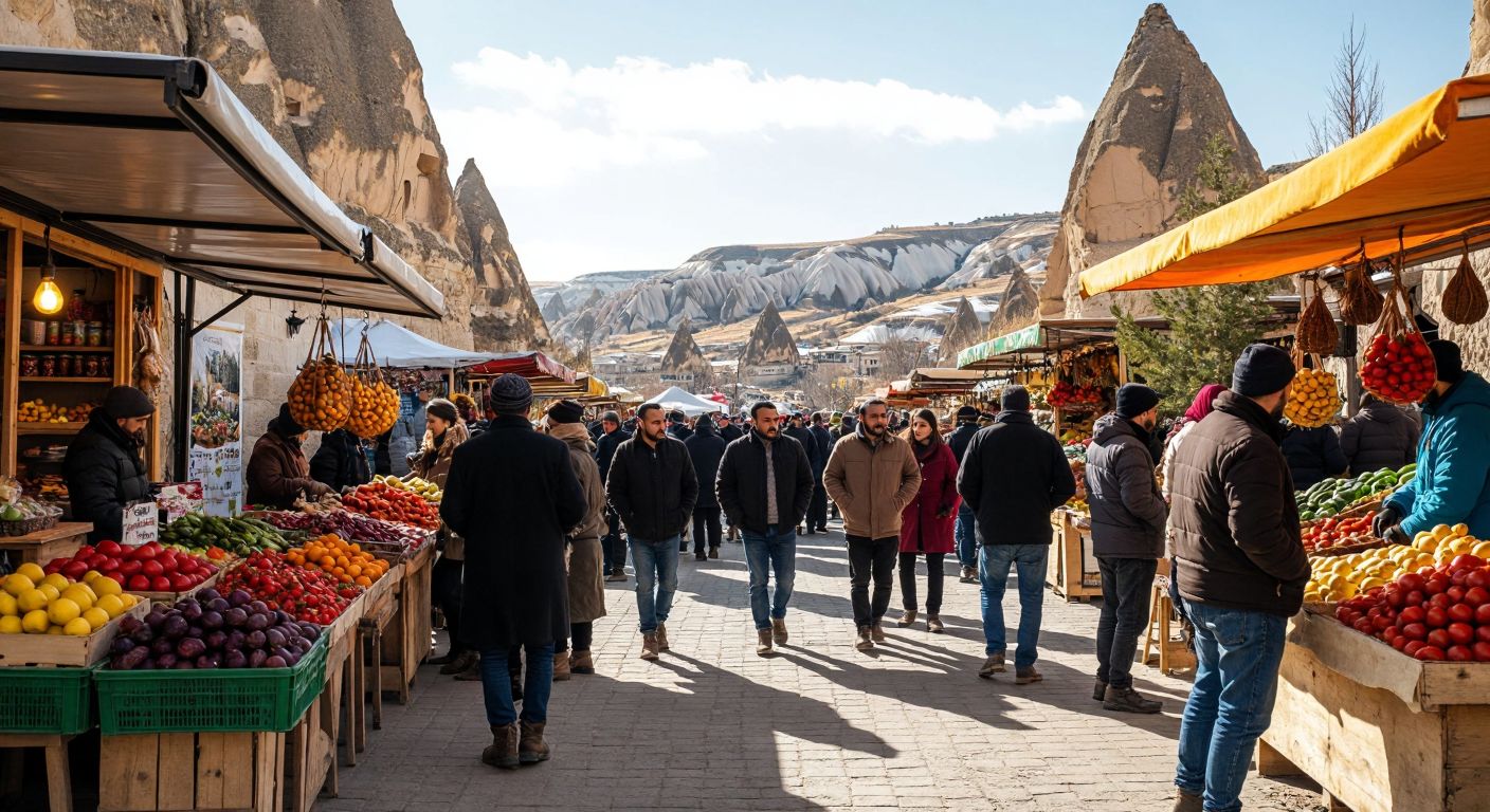 A bustling outdoor fair in Cappadocia with farmers showcasing fresh produce, colorful food stalls offering local Turkish dishes, and visitors chatting excitedly under a bright winter sky.