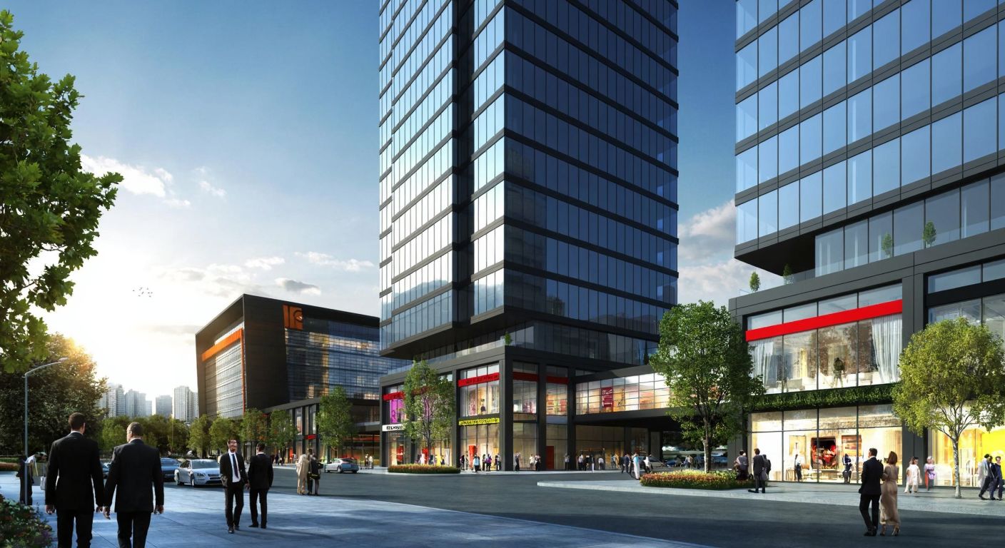 A modern high-rise office complex in Istanbul's Yenibosna district, with sleek glass facades reflecting sunlight, surrounded by bustling businesspeople in suits and a nearby shopping mall with vibrant storefronts.