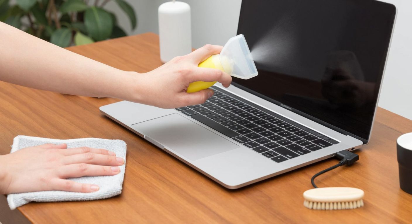 A person carefully holding a keyboard cleaning spray upright while gently misting a laptop keyboard placed on a wooden desk, with a soft cloth and small brush nearby.