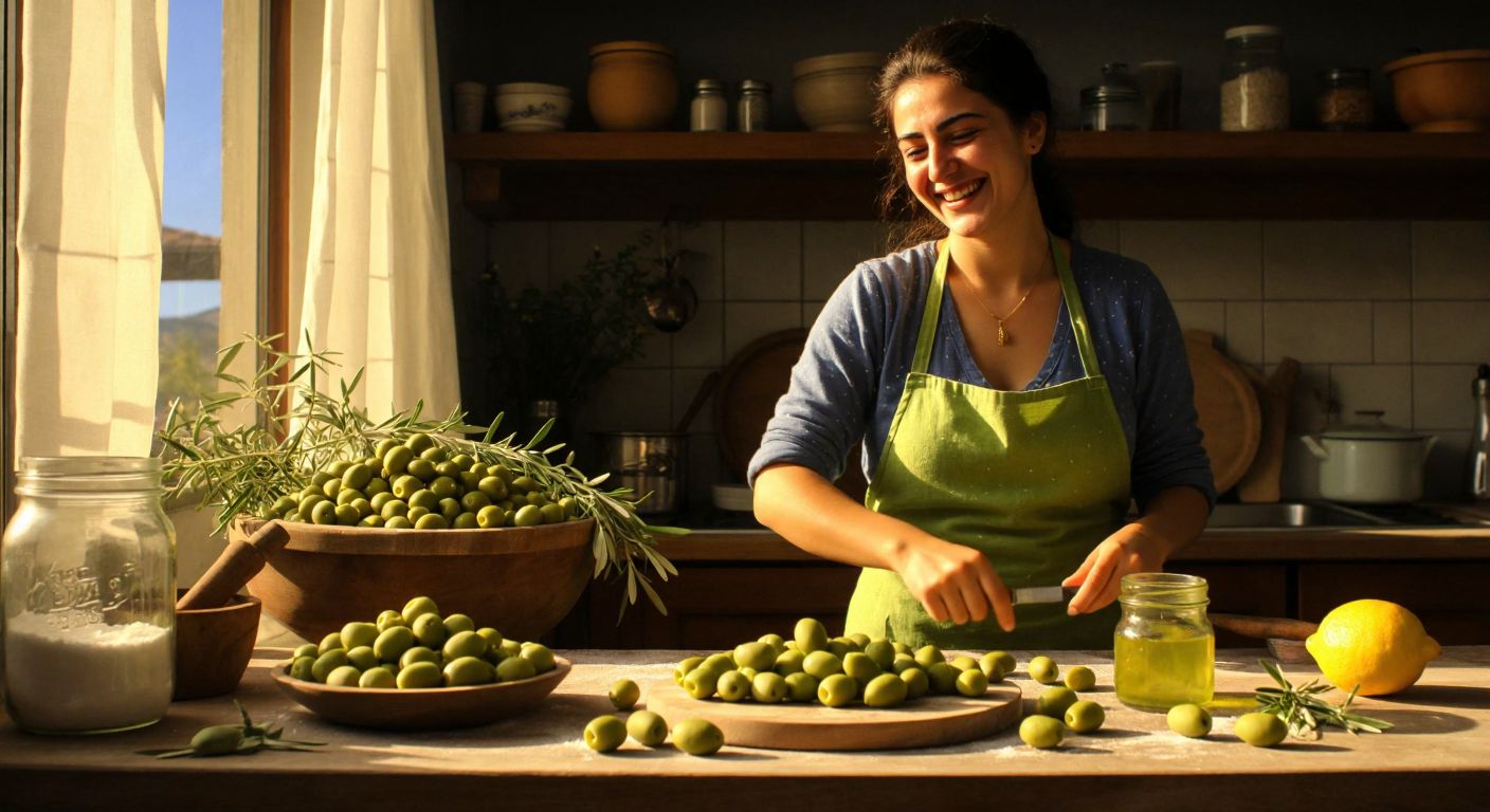 A smiling Turkish woman in a sunlit kitchen cracks fresh green olives with a small hammer on a wooden cutting board, surrounded by a glass jar, salt, and lemons.