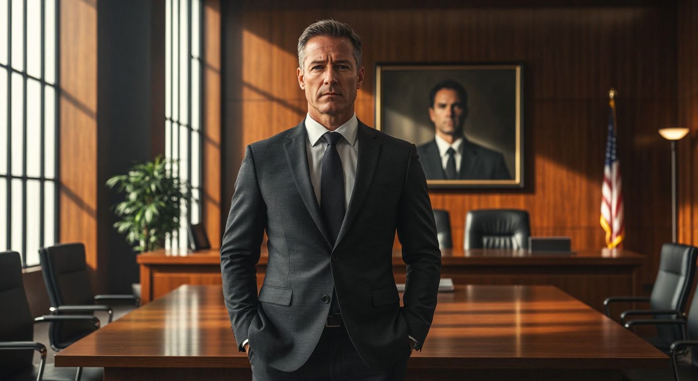 A confident middle-aged man in a sleek suit stands in a modern office with a serious expression, while a shadowy courtroom scene looms faintly in the background.