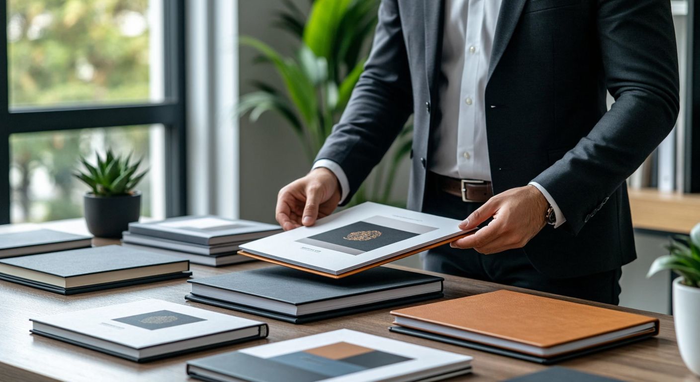 A Turkish businessperson in a sleek office carefully examines a sample of custom-made promotional notebooks and planners, with various materials and designs neatly arranged on a wooden table.