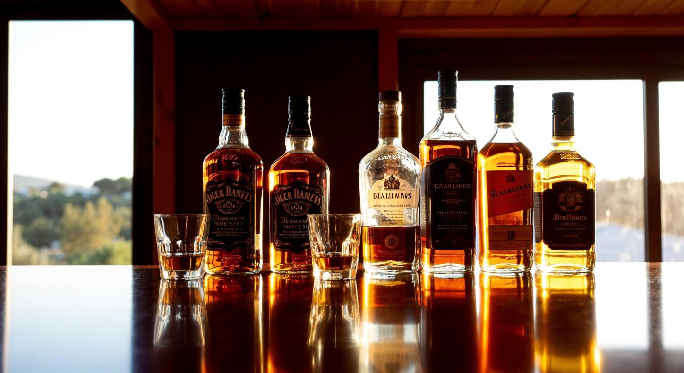 A sunlit wooden bar in Cyprus displays several whiskey bottles—Chivas Regal, Jack Daniel’s, Ballantine’s, Jameson, and Johnnie Walker—neatly arranged on a polished surface, with golden liquid shimmering in crystal glasses beside them.