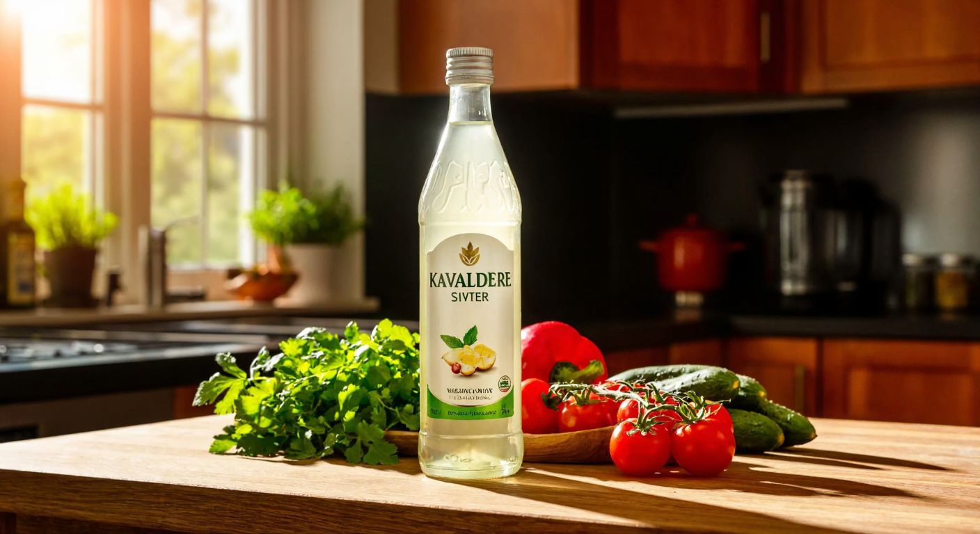 A clear glass bottle of Kavaklıdere white vinegar resting on a wooden table beside fresh vegetables and herbs, with sunlight streaming through a kitchen window.