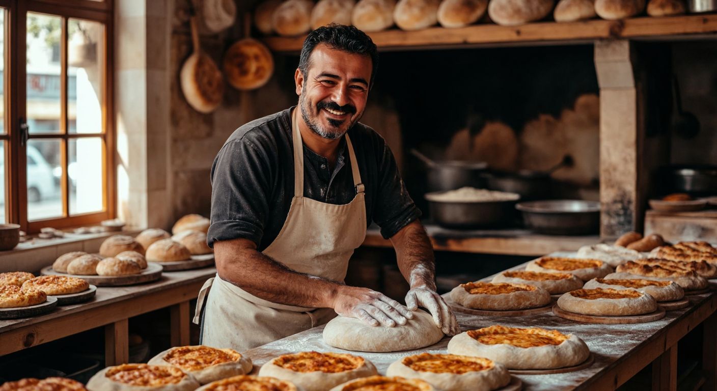 A warm, bustling Turkish pide bakery with a smiling, middle-aged man in a flour-dusted apron kneading dough behind a wooden counter, surrounded by golden-brown pides fresh from the stone oven.
