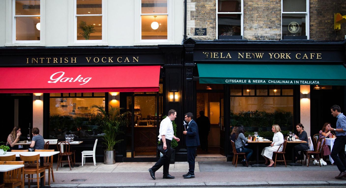 A bustling international food scene with three distinct restaurant facades—a British chef in Worthing, a cozy New York café, and an elegant Italian trattoria in Beverly Hills—each exuding their unique culinary charm.
