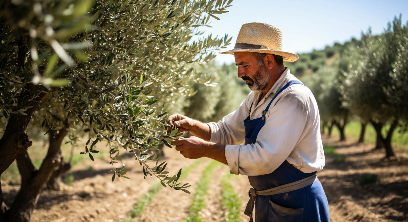 A Turkish farmer in a sunlit olive grove carefully pruning a young olive tree, focusing on selecting the right branches while wearing traditional work clothes and a straw hat.