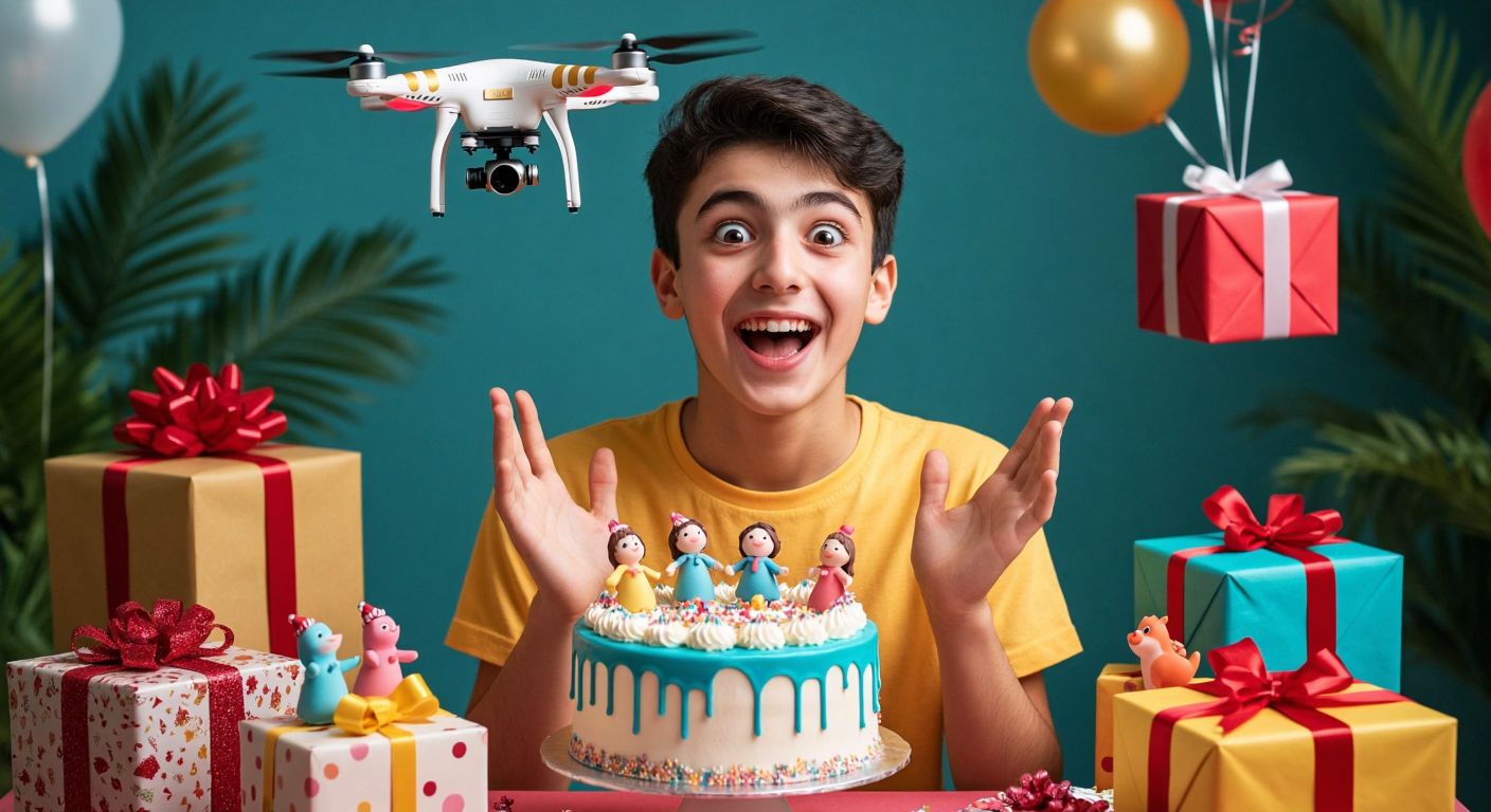 A joyful Turkish teenager with wide eyes and a bright smile, surrounded by colorful wrapped gifts, a birthday cake with decorative figurines, and a small drone hovering above with a tiny package attached.