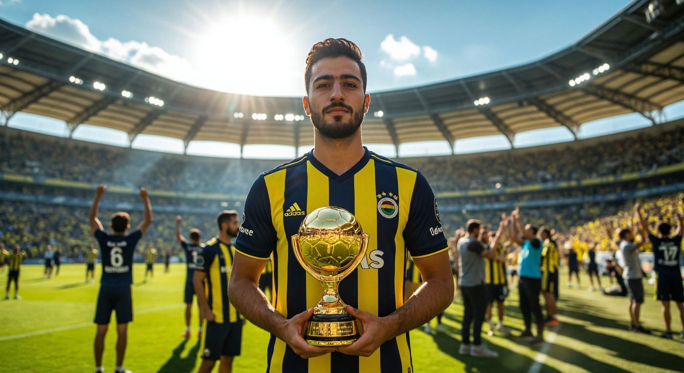 A Turkish footballer in a Fenerbahçe jersey stands proudly on a sunlit stadium field, holding a golden trophy while fans cheer in the background.