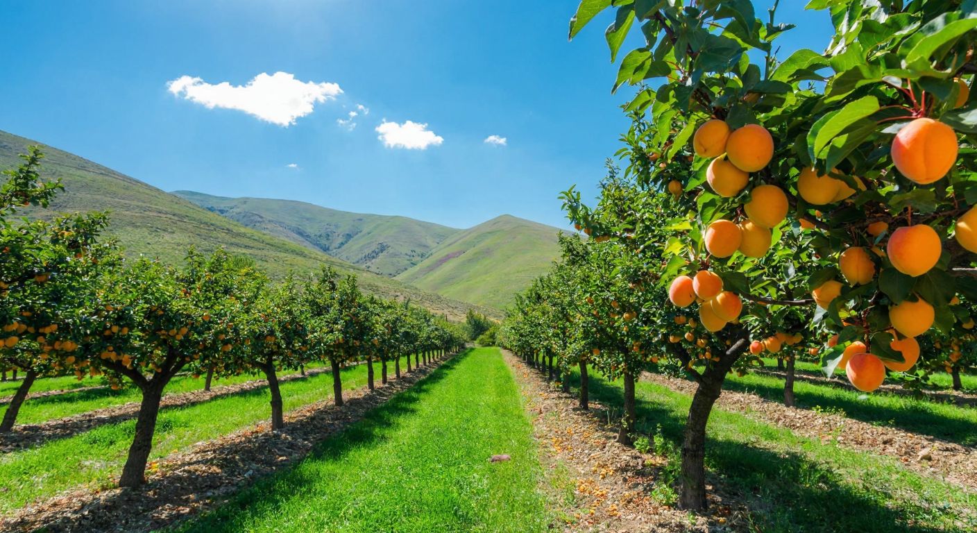 A sunlit orchard in Malatya with rows of apricot trees heavy with ripe golden-orange Kalao apricots, surrounded by rolling green hills under a bright blue sky.