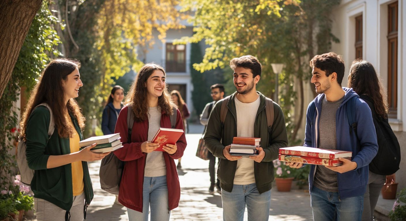 A group of Turkish university students smiling and chatting in a sunlit dormitory courtyard, with one holding a stack of books and another carrying a tray of çay and simit.