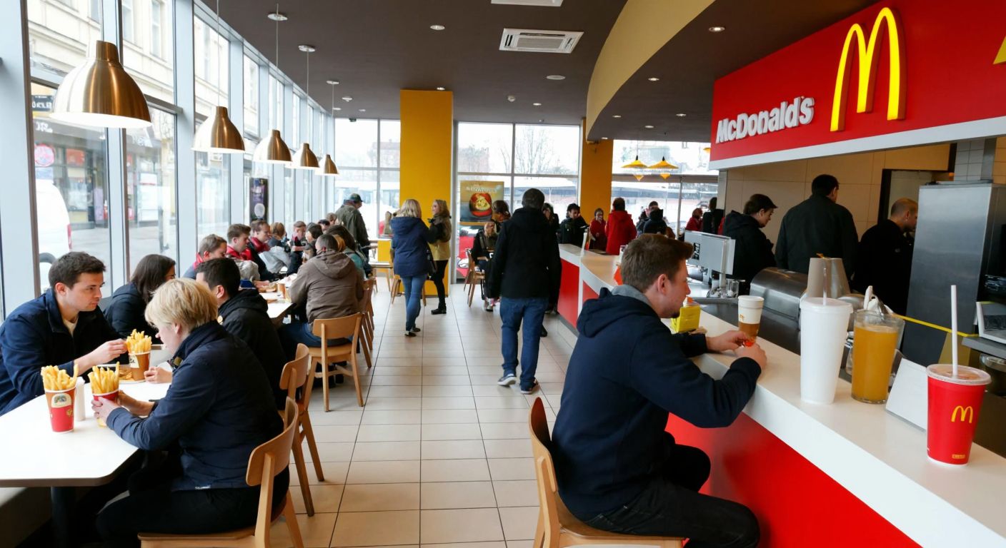 A bustling McDonald's café in Europe with customers enjoying golden fries and cold beers, contrasted by an American McDonald's counter with only soda cups and milkshakes.