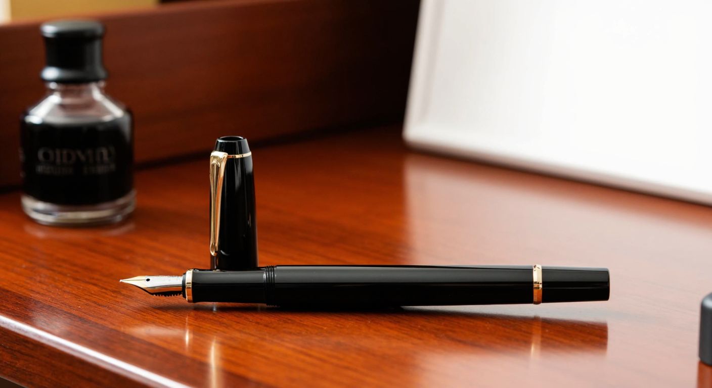 A sleek black Pelikan M215 fountain pen with a fine nib rests on a polished wooden desk beside a small ink bottle, evoking precision and craftsmanship.