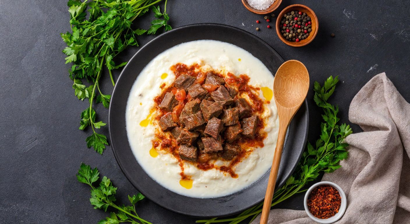 A rustic Turkish kitchen with a steaming plate of papara topped with tender lamb cubes, surrounded by fresh herbs and a wooden spoon resting on the side.